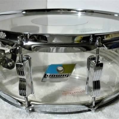 LUDWIG VISTALITE Snare Drum 5 x 14 Clear Acrylic Shell ALL Original 70s Blue & Olive Badge 10 Lug EC image 1