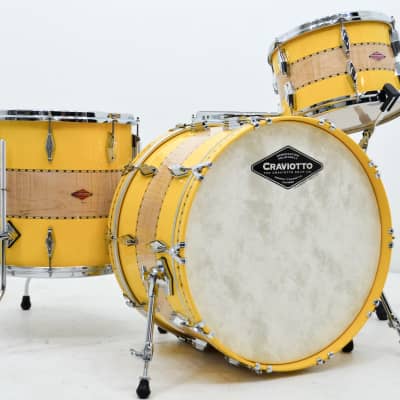 Craviotto 13/16/22/5.5x14 solid maple drum set. Private Reserve Pre-order.  Yellow/curly/Yellow image 1
