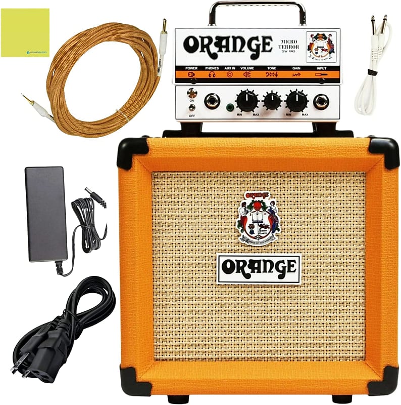 Orange PPC108 1x8” Closed-Back Speaker Cabinet Bundle with Orange MT20  Micro Terror Amp Head, Orange Woven Guitar Cable, Speaker Cable and Liquid 