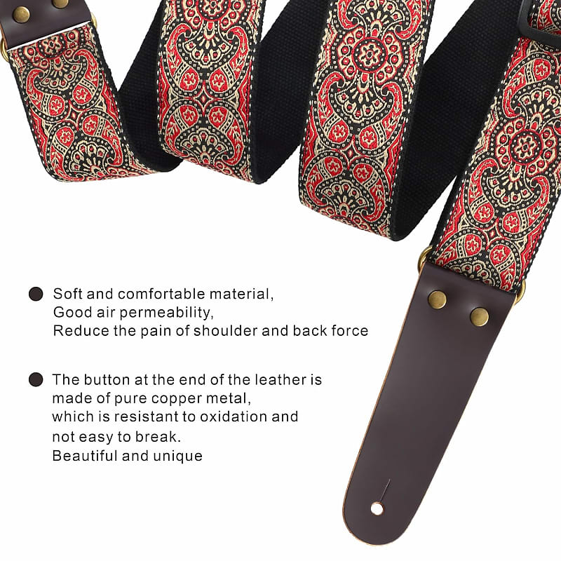 Nefelibata Guitar Strap, Embroidered Cotton Guitar Straps with Head Cowhide  Leather Ends for Bass, Electric & Acoustic Guitars, with Free Strap