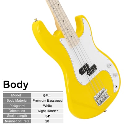 Glarry GP II Electric Bass Guitar with Wilkinson Pickup, Warwick Bass Strings, Bone Nut 2020s Yellow image 12
