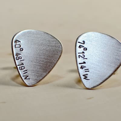 Sterling silver coordinate guitar pick cuff links with latitude and longitude image 4