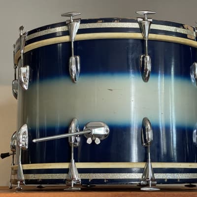 1950's Slingerland Blue & Silver Duco 14 x 22" Artist Bass Drum Original Calf Heads image 10