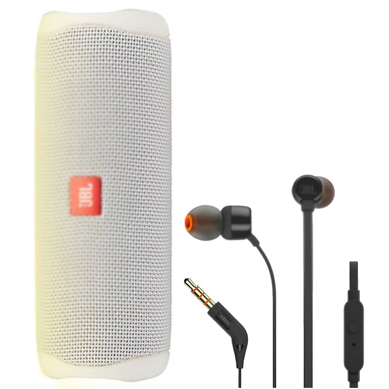 JBL FLIP 5 Waterproof Portable Bluetooth Speaker - White Steel + JBL T110  in Ear Headphones