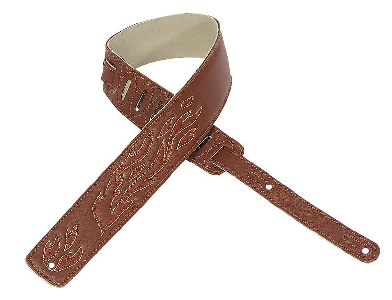 Levy's Guitar Strap, DM1SGF-BRN, 2.5" Leather, Decorative Flame Stitching, Brown image 1