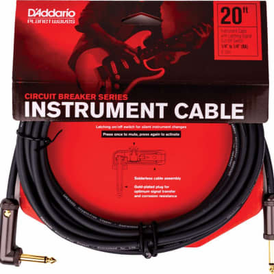 Planet Waves PW-AGLRA-20 1/4" TRS Circuit Breaker Latching Straight to Right-Angle Instrument Cable - 20'