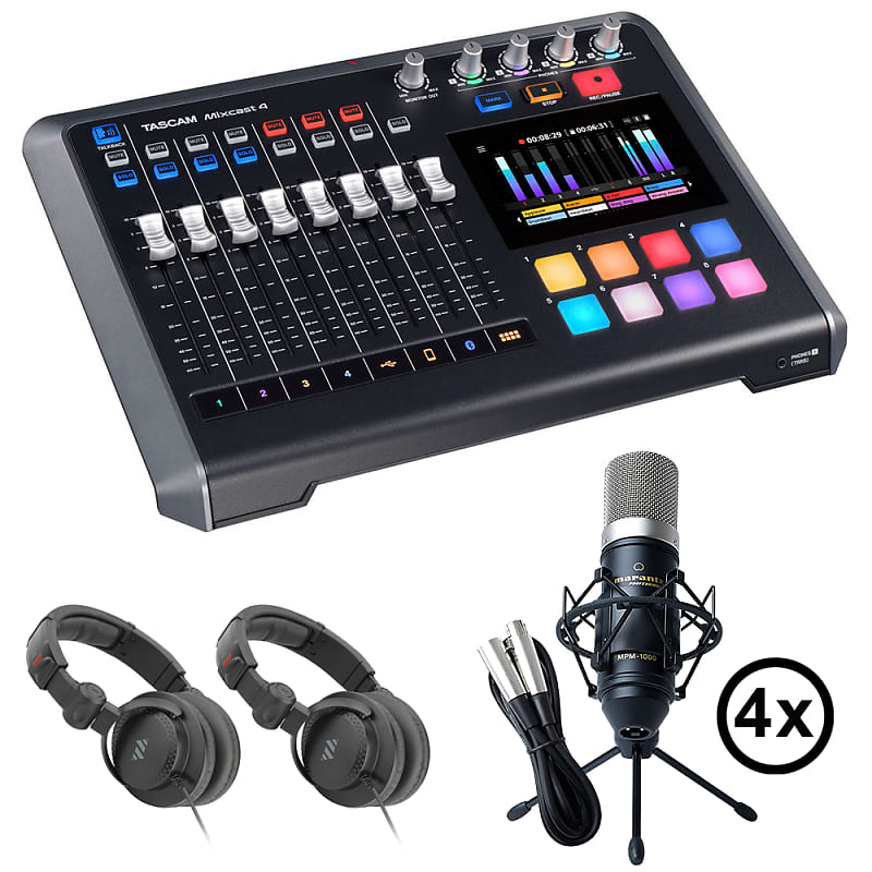 Tascam Mixcast 4 Podcast Station with Built-in Recorder/USB Audio Interface  (MIXCAST4) Bundle with 4x Marantz Pro MPM-1000 Microphone and 2x Polsen