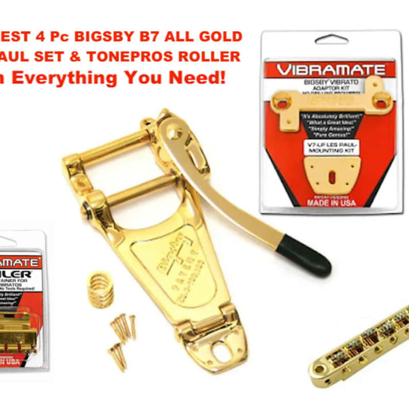 DEALIN' - Bigsby Gold B7G & Vibramate V7G Mount tremolo bar Bolt-On Combo.  No Holes! Fits Gibson / Epi Les Paul