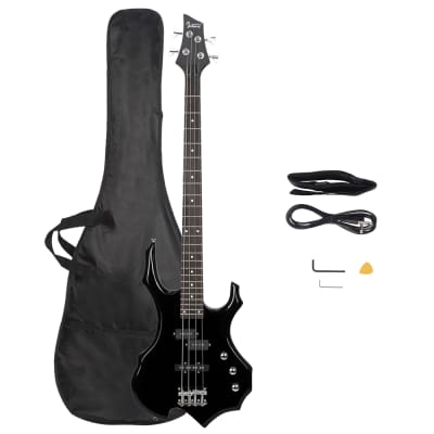 Glarry Burning Fire Electric Bass Guitar Full Size 4 String Cord Wrench Tool 2020s - Black image 1