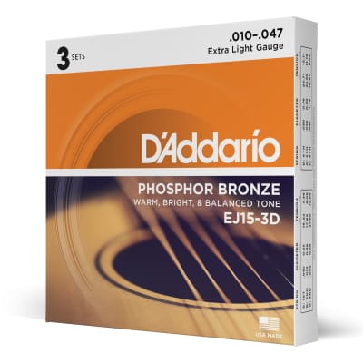 3 Sets of D'Addario EJ15 Phosphor Bronze Extra Light Acoustic Guitar Strings (10-47) image 3