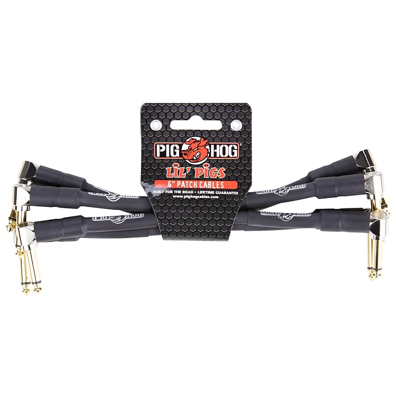 Pig Hog Lil' Pigs Right Angle 1/4" Black Instrument Patch Cables, 6" (4 Pack) image 1