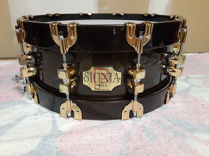 Premier 75th Anniversary Signia 14x5.5" 10-Lug Maple Snare Drum with Wood Hoops, Gold Hardware 1997 - Ebony image 1