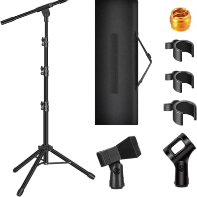 Microphone Stand - Tripod Boom Arm Floor Mic Stand Height Adjustable Heavy Duty with Carrying Bag 2 Mic Clips 3/8" to 5/8" Adapter for Singing Podcast for Blue Yeti Shure SM58 SM48 Samson Q2U