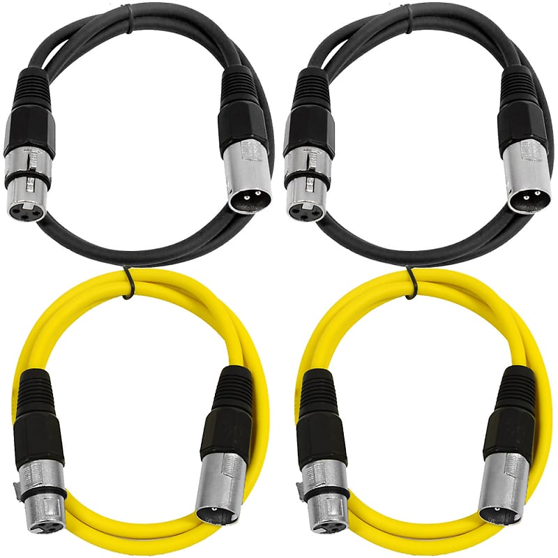 4 Pack of XLR Patch Cables 3 Foot Extension Cords Jumper - Black and Yellow image 1