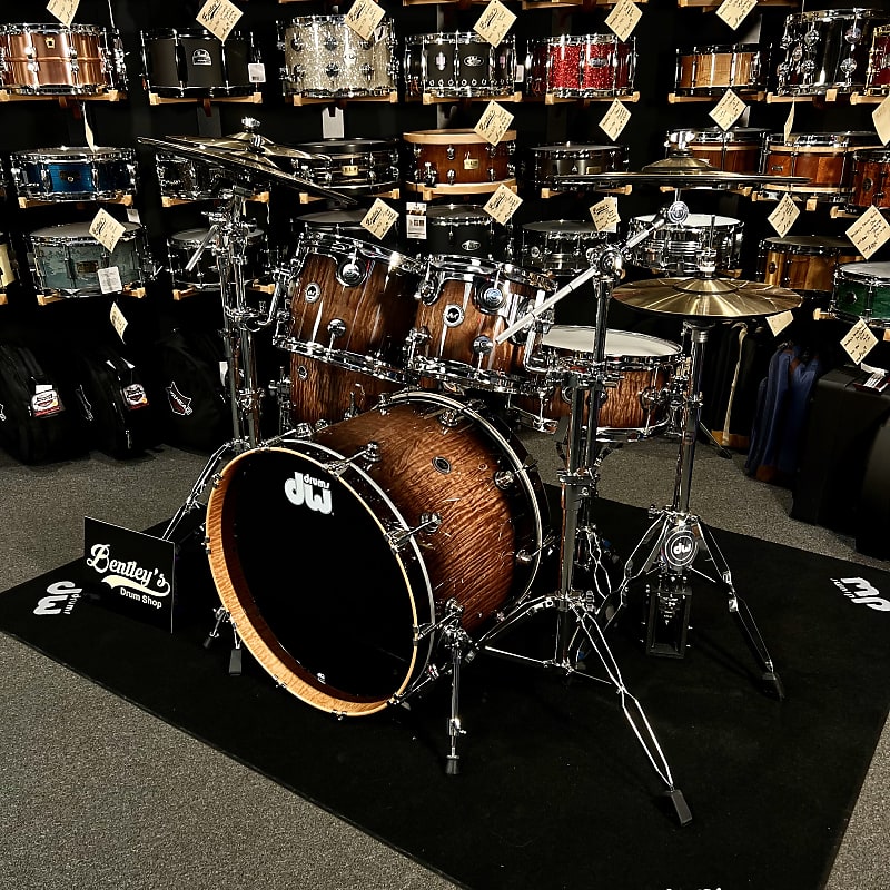 DWe Electronic Acoustic Exotic Drum Set Kit 10/12/16/22" with 14" Matching Snare, Hardware Pack, & Cymbal Pack in Curly Maple Exotic image 1