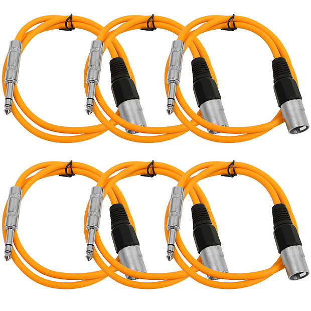 Seismic Audio SATRXL-M3ORANGE6 XLR Male to 1/4" TRS Male Patch Cables - 3' (6-Pack) image 1
