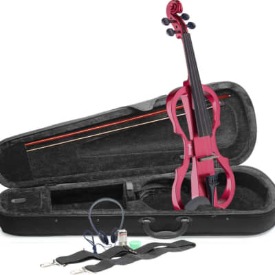 STAGG 4/4 electric violin set with metallic red electric violin, soft case and headphones