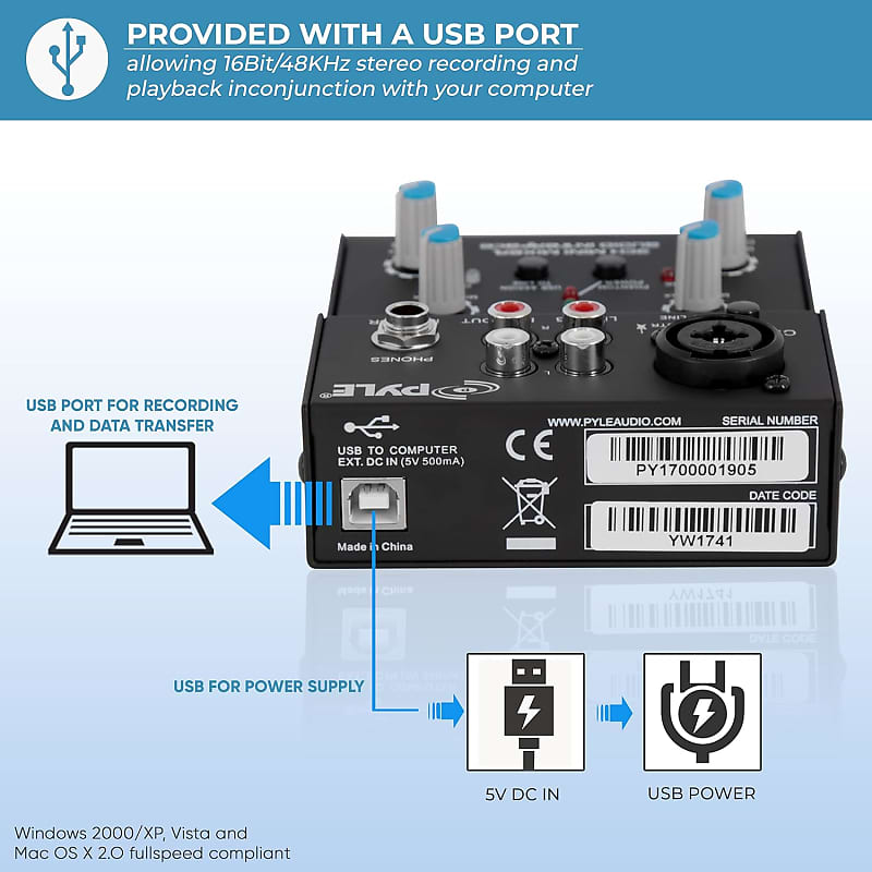  Pyle 5 Channel Audio Mixer - DJ Sound Controller Interface with  USB Soundcard for PC Recording, XLR 3.5mm Microphone Jack, 18V Power, RCA  Input and Output for Professional and Beginners -PAD20MXU 