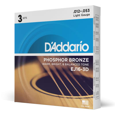3-Pack D'Addario EJ16 Phosphor Bronze Acoustic Guitar Strings, Light Gauge 12-53 image 6