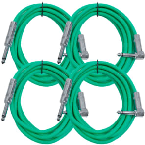 Seismic Audio SAGC10R-GREEN-4PACK Right Angle to Straight 1/4" TS Guitar/Instrument Cables - 10' (4-Pack)