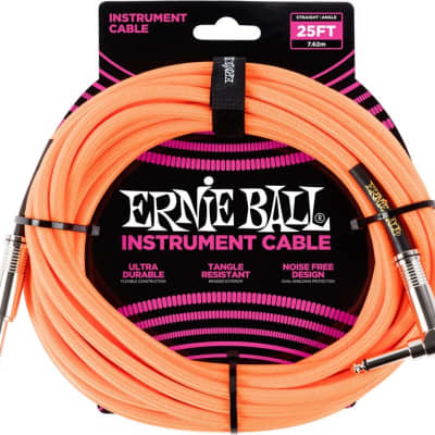 Ernie Ball Braided 25ft Guitar Lead / Cable, Neon Orange, Straight/Angle for sale