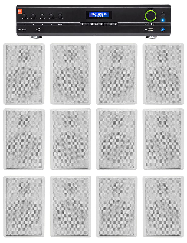 JBL Commercial Amplifier+(12) Slim White Wall Speakers for Restaurant/Bar/Cafe  			
