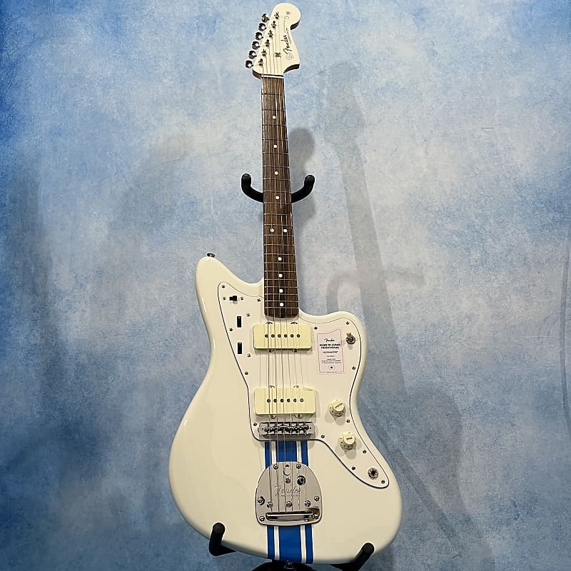 2023 Fender Japan Traditional II 60s Jazzmaster MIJ - Limited Competition  Olympic White with Blue Stripe and matching headstock