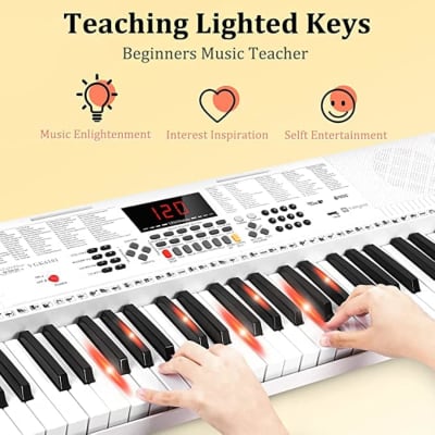 Keyboard Piano 61 Key - Electric Piano Keyboard With 3 Teaching Modes, Learning Lighted Up Music Keyboard Piano With Stand For Beginners And Students, Vgk6101 White image 3