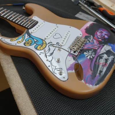 Unique Custom Jimi Hendrix hand painted guitar left handed stratocaster gold image 2