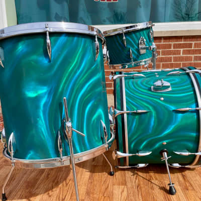1960s Sonor Teardrop Drum Set Multi-Brilliant Turquoise Satin Flame Blue/Green 20/12/16/5x14 image 3