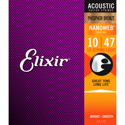 Elixir Nanoweb 12 String Light 10-47 Phosphor Bronze Acoustic Guitar Strings 16152 for sale