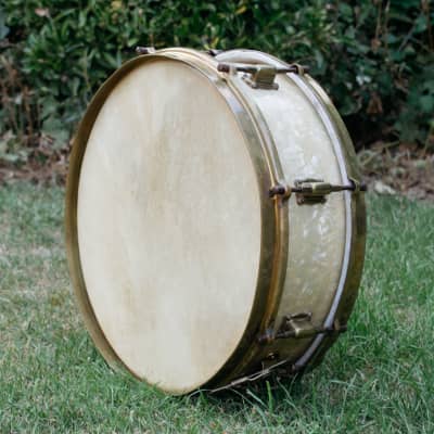 Vintage 1920s Leedy 'Full Dress' 14x4 Snare Drum in White Marine Pearl image 11