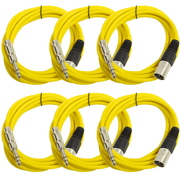 Seismic Audio SATRXL-M10YELLOW6 XLR Male to 1/4" TRS Male Patch Cables - 10' (6-Pack) image 1