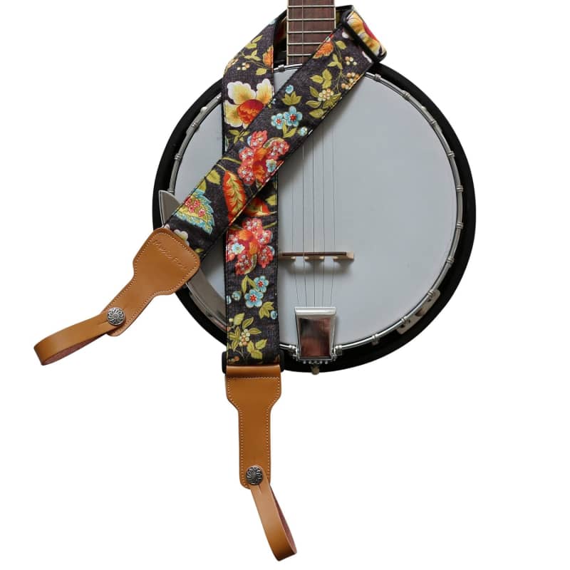 Music First Original Design, 2 inch Width (5cm), Padded, Black Cool & VintageLace Soft Lace & Genuine Leather Delux Banjo Strap, with 2 Pieces of