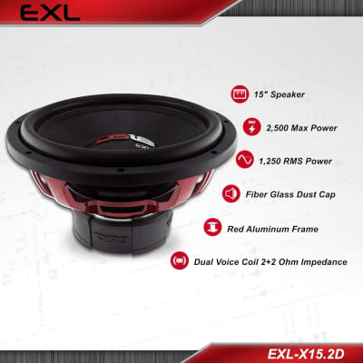 DS18 EXL-X15.2D Car Subwoofer 15" 2500 Watts Max Power 1250 Watts RMS Fiber Glass Dust Cap Red Aluminum Frame Dual Voice Coil 2+2 Ohm Impedance - Competition Grade Bass - 1 Speaker image 2