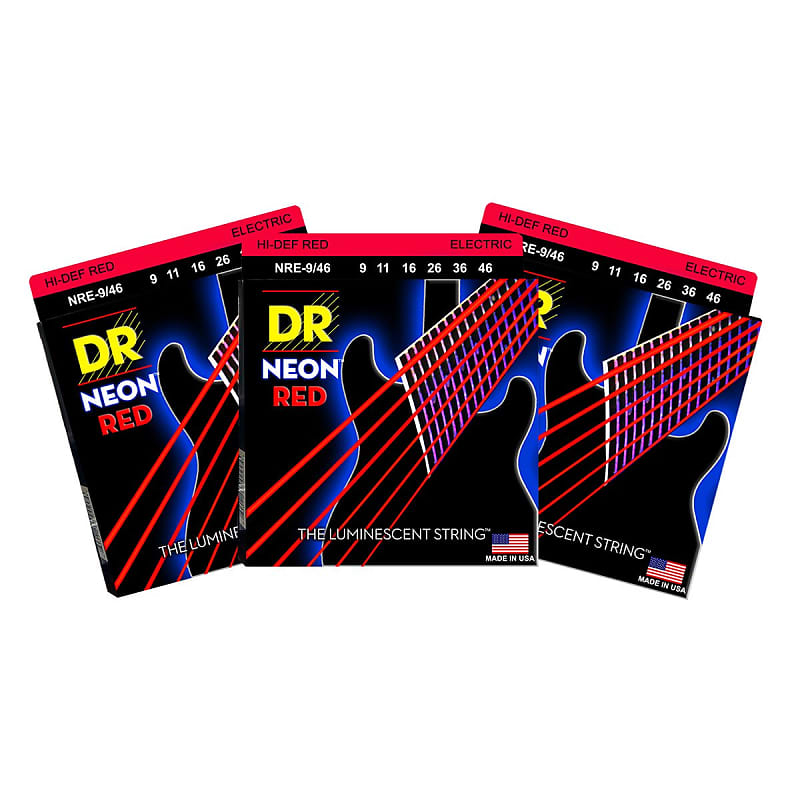 3 Sets DR NRE-9/46 Neon Red Light 9-46 Electric Guitar Strings image 1