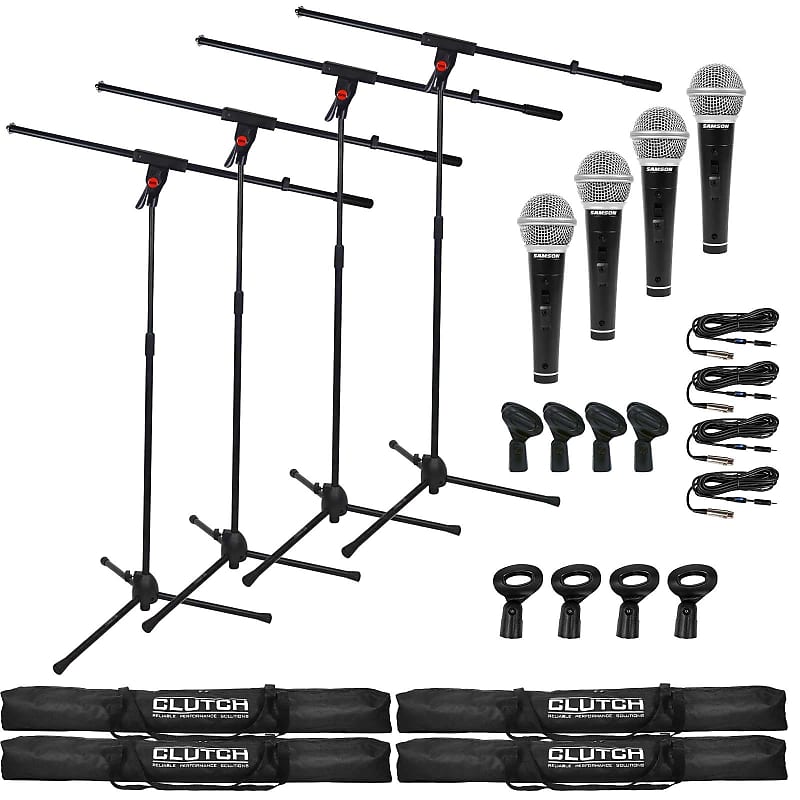 Pro Audio DJ Microphone Boom Stands w Dynamic Vocal Mics & Clips 4 Pack