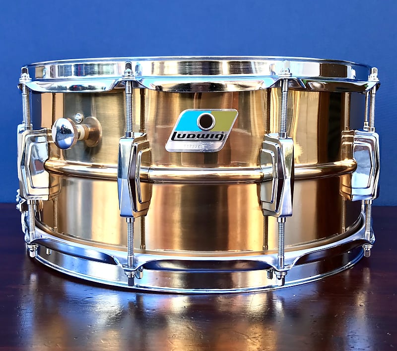Ludwig No. 552 Bronze 6.5x14" Snare Drum with Rounded Blue/Olive Badge 1981 - 1984 image 4