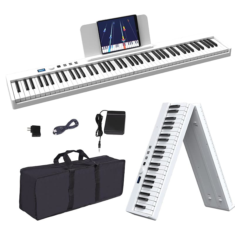 Folding Piano Keyboard, 88 Key Full Size Semi-Weighted Foldable Keyboard Piano, Portable Bluetooth Electric Piano With Sheet Music Stand, Sustain Pedal And Piano Bag - White image 1