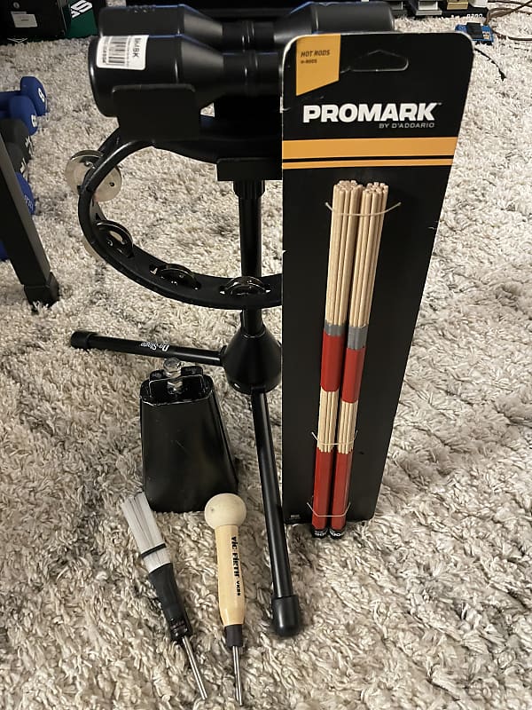 Meinl shakers and tambourine with mic stand holder, plus Reverb