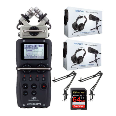 Zoom H5 Portable Handy Recorder with Interchangeable X/Y Mic Capsule, ZDM-1 Podcast Microphone Pack, 64GB SD Card and Boom Scissor Arm Bundle