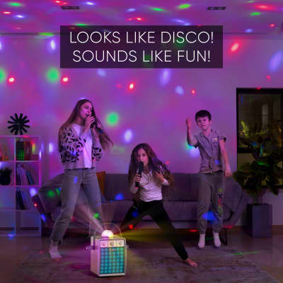 MASINGO 2023 Karaoke Machine for Adults & Kids with 2 UHF Wireless Microphones - Portable Singing PA Speaker System Set w/ Two Bluetooth Mics, Disco Ball Party Lights & TV Cable - Ostinato M7 Wood image 3