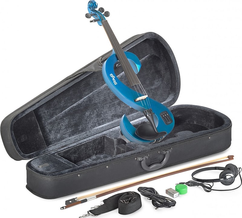 4/4 electric violin set with S-shaped metallic blue electric violin, soft case and headphones image 1