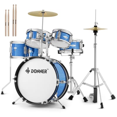 Kids Drum Sets- 5-Piece For Beginners,14 Inch Junior Drum Kit, With Adjustable Throne, Cymbal, Hi-Hat, Pedal & Drumstick,Gift For Child-Blue image 1