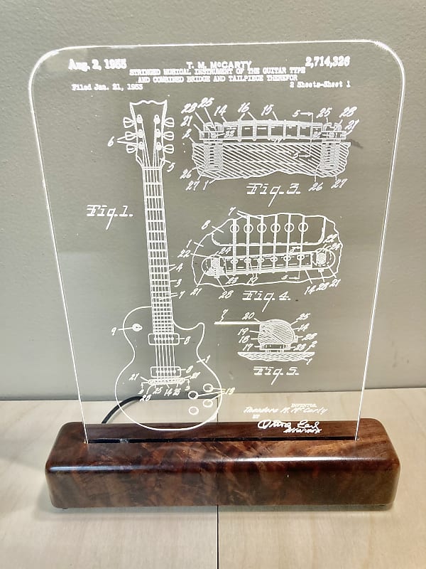 Gibson Les Paul Guitar Patent, Edge Lit Acrylic LED Sign Display, Figured Walnut,Laser Engraved image 1