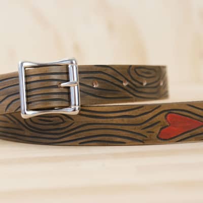 Leather Mandolin Strap by Moxie & Oliver | Nice pattern with woodgrain and heart for sale