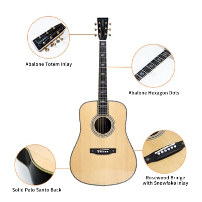 TARIO 41'' Acoustic All Solid Guitar Solid A+Sitka Spruce Top Solid Palo Santo Back and Sides Mahogany Neck Including a Wooden Case,High Gloss image 4