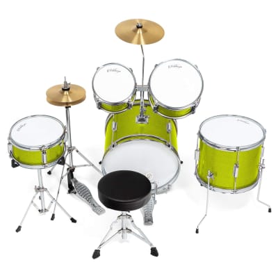 5-Piece Complete Junior Drum Set With Genuine Brass Cymbals - Advanced Beginner Kit With 16" Bass, Adjustable Throne, Cymbals, Hi-Hats, Pedals & Drumsticks - Green image 3