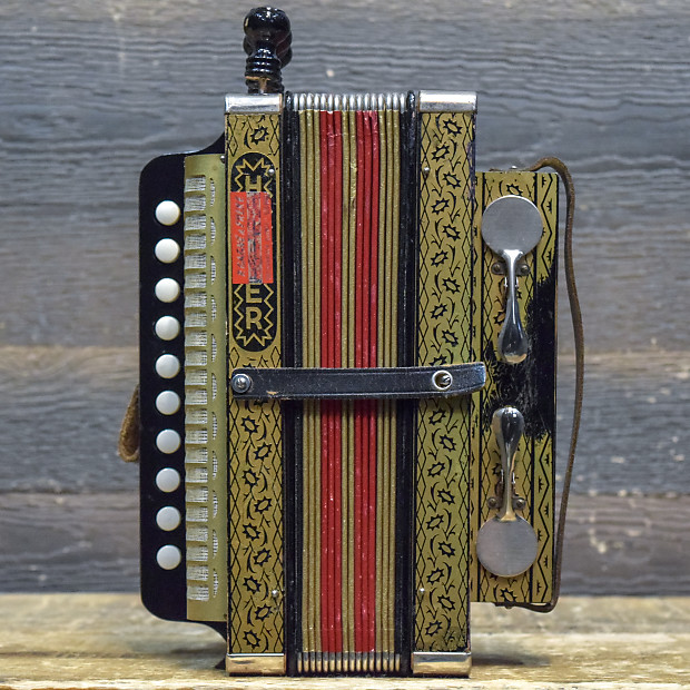 Hohner 1 Row 2 Bass 10 Treble Button 4 Stop C Black Gold Diatonic Accordion