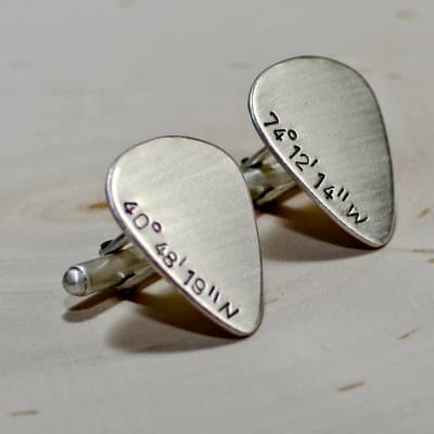 Sterling silver coordinate guitar pick cuff links with latitude and longitude image 3